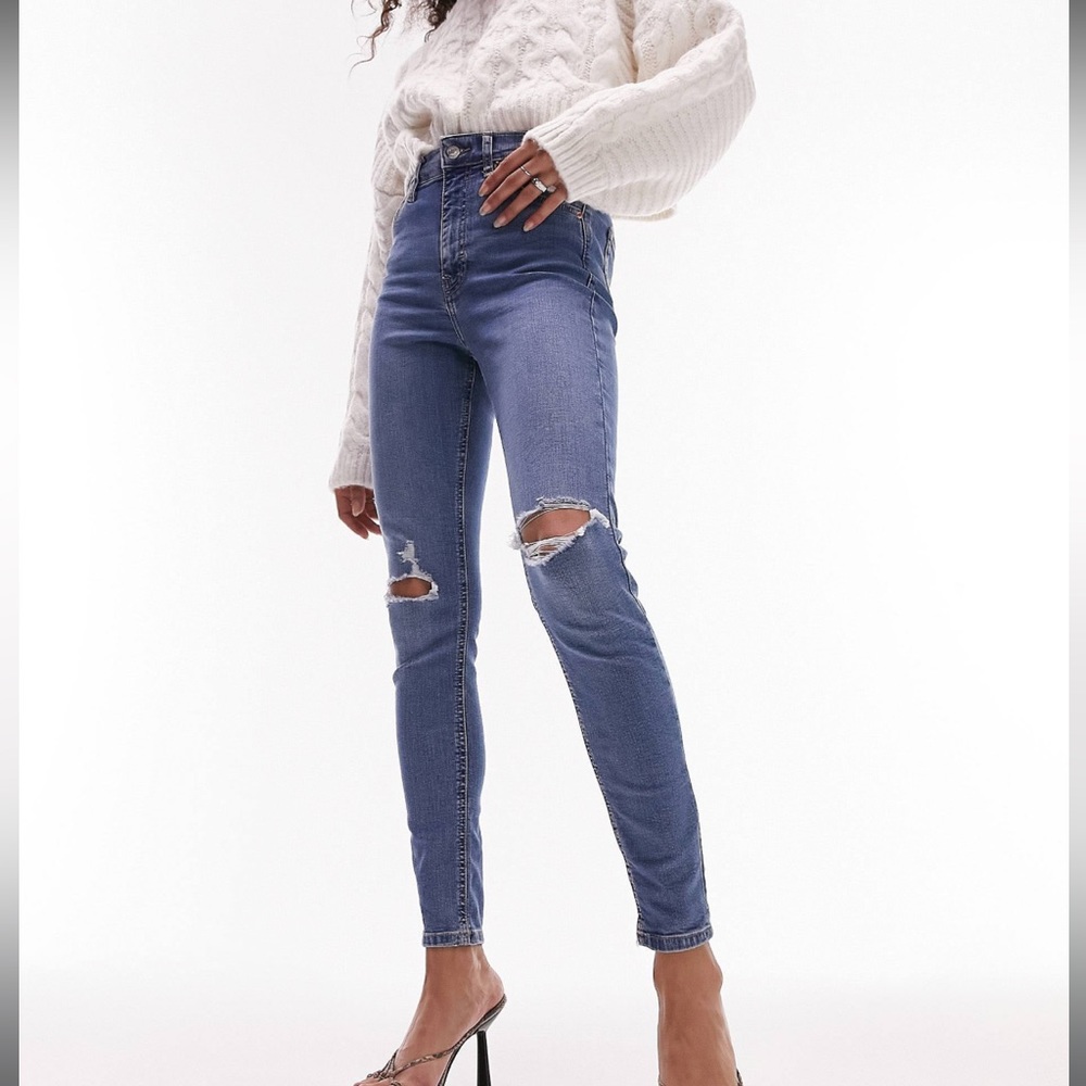 TOPSHOP Jeans Womens 26 Mid Blue Jaimie Jeans with Rips